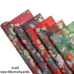 Förpackningspapper 1Roll Vintage Rose Oil Målningsvävnadspapper Inslagsblomma papper Bukett Inslagning Papper Vattentät blommor Foder 4y 230617