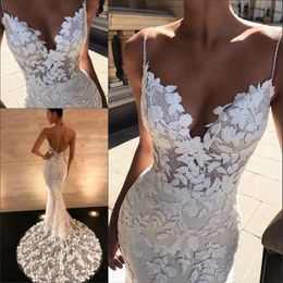 Beaded Pearls Spaghetti Strap Lace Wedding Dresses Gorgeous 3D-Floral Appliques Boho Bridal Gowns Zipper Low Back Trumpet Wedding 290j