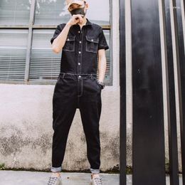 Men's Jeans Men's Harajuku Mens One Piece Denim Jumpsuit Hawk Embroidery Bib Overall Streetwear Zipper Sleeve Suit Long Cargo Pants