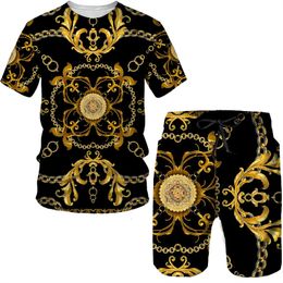Men's Tracksuits Luxury Golden Flower 3D Print Men Women TeesSuits Vintage Baroque Pattern T-Shirts Shorts Set Fashion Couple Streetwear Clothes 230617