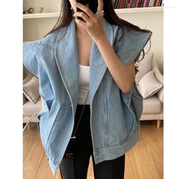 Women's Vests SuperAen Korean Chic Summer Vintage Niche Lapels Ruffles Loose Washed Blue Denim Cardigan Jacket