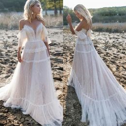 2020 Modest Bohemian Spaghetti Backless Pick up Half Sleeve A Line Wedding Dresses Lace Wedding Gowns Sweep Train Bridal Gown325Y