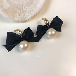 Stud Earrings Korean Simple Black Bow Fashion Elegant Lady Cocktail Party Pearl Charm Women Daily Match Jewellery Accessories