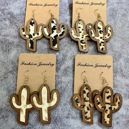 Dangle Earrings Wood Bezel Cheetah Print Genuine Leather Cactus For Women 2023 Western Jewelry Fashion Gifts Wholesale