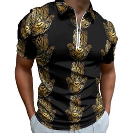 Men's Polos Golden Hamsa Hand Polo Shirt Man Vintage Print Casual Shirt Summer Y2K Zipper T-Shirts Short Sleeve Printed Oversized Tops 230617