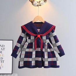 Einzelhandel Baby Mädchen Gestrickte Plaid Pullover Kleider Frühling Herbst Mädchen Langarm Prinzessin Kleid Kinder College Stil Stricken Kleid 2-7 Jahre