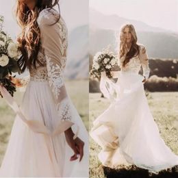 Bohemian Country Wedding Dresses With Sheer Long Sleeves Bateau Neck A Line Lace Applique Chiffon Boho Bridal Gowns Cheap347Z