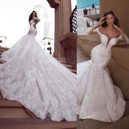 2021 New Mermaid Lace Wedding Dresses Sheer Plunging Neck Long Sleeves Crystal Beaded Bridal Gowns Plus Size Sequined Trumpet Brid3049