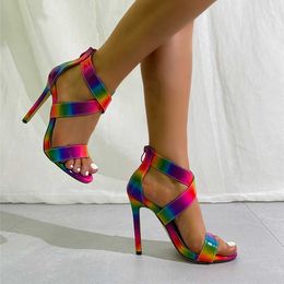 Ladies Summer Sandals Women's High Heel Style Cross Strap Fashion Shoes New Thin Rainbow Contrast 230615