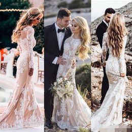 Champagne Long Sleeves Wedding Dresses Lace Applique 2021 Sweep Train Scoop Neck Illusion Bodice Country Wedding Gown Vestido de n189P