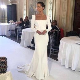 Simple Square Neck Mermaid Wedding Dresses Long Sleeve Satin Bridal Dress Sweep Train With Belt Country Bridal Gowns234Z