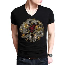 Fashion Hot Diamond T-shirt for Men's Luxury Slim Fit Chinese Dragon Hot Diamond Half Sleeve T-shirt Top