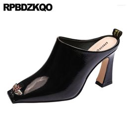 Dress Shoes Sandals Thick Mules Slipper 2023 Women Pumps Chunky High Heels Black Fashion Square Toe Ladies Slip On Bee Patent Leather
