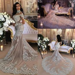 Luxury Sparkly 2022 Mermaid Wedding Dress Sexy Sheer Bling Beads Lace Applique High Neck Illusion Long Sleeve Champagne Trumpet Br285G