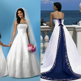 2019 Elegant White And Blue Beach Wedding Dresses Strapless Embroidery Chapel Train Corset Satin Bridal Wedding Gowns For Church P312n