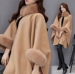 Autumn and winter style rabbit fur collar, medium length coat, temperament, cape, shawl, women's Woollen coat