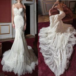 2019 Inbal Dror Mermaid Wedding Dresses Sweetheart Lace Tiered Tulle Lace Applique Mermaid Bridal Gowns Sweep Train Bohemian Weddi2492