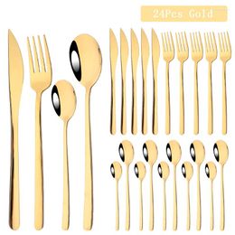 Dinnerware Sets 24Pcs Gold 304 Stainless Steel Cutlery Set Mirror Silverware Knife Fork Spoon Tableware Flatware Dishwasher Safe