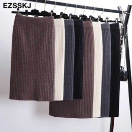 Skirt 6080cm Elastic Band Women Skirts Autumn Winter Warm Knitted Straight Skirt Ribbed Ribbed Midlong Skirt Black