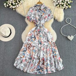 Casual Dresses 2023 Runway Fashion Spring Midi Shirt Dress Women Short Sleeve Floral Print Casual Vintage Vestidos Aline Holiday Vestidos