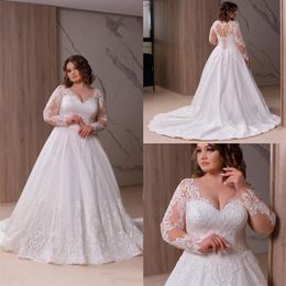 Plus Size 2021 A Line Wedding Dresses Bridal Gowns V Neck Long Sleeve Lace Appliqued Sweep Train Vestidos De Novia270U