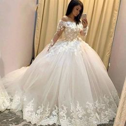 2020 Ball Gown Wedding Dresses Illusion Long Sleeve Lace Appliques Hand Made 3D Flowers Floor Length Bridal Dresses Arabic gown2357