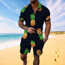 Men's Tracksuits Men's Summer Fashion 3D Style Pineapple Print Polo Shirt Set Casual Sports Short Sleeve Set Beach Shorts 2Piece Men's Track and Field Wear 230617
