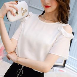 Women's Blouses Fashion Ladies Summer Shirts Women Casual Off Shoulder Female Short Sleeve Solid Colour Tops Chiffon Blouse White Red