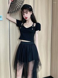 Work Dresses Dress Sets Y2k Irregular Black Mesh Skirt Dark Sexy Slim Fit Short Sleeve T-shirts Cotton Tees 2 Piece Women Crop Top