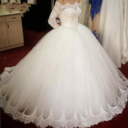 New Arrival Tiered Tulle Ball Gown Wedding Dresses Lace Beaded Crystals Long Sleeves Court Train Wedding Bridal Gowns For Bride206e