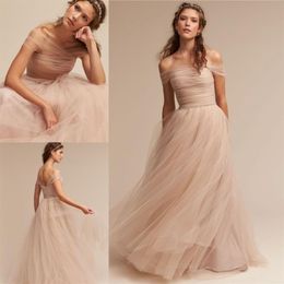Nude BHLDN Wedding Dresses Off The Shoulder Delicate Sash Bridal Gowns Floor Length A Line Backless Wedding Gown269S