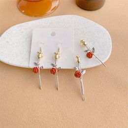 Dangle Earrings 2023 Korean Fashion Jewelry Trending Gold Plated Cute Enamel Rose Flower Brincos Long Drop For Women