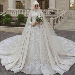 Luxury Muslim Wedding Dresses High Neck Lace Long Sleeves Sequins Beads Appliqued Wedding Dress With Veil Custom Made Vestidos De 236r