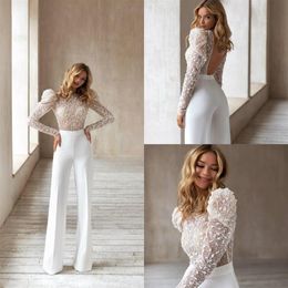 New Wedding Jumpsuit Boho Wedding Dresses Jewel Neck Lace Appliques Bohemian Wedding Dress Long Sleeve Pants Suit Robes De Mariee274L