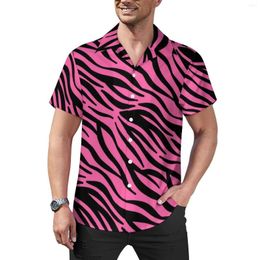 Men's Casual Shirts Pink Zebra Print Loose Shirt Men Beach Black Stripes Hawaii Design Short-Sleeve Funny Oversize Blouses