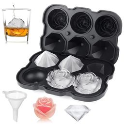 Ice Cube Tray, 2 Rose Ice Cube Tray With Lid, 3 Cavity Silicone Rose-Ice Tray And 3 Diamond Shape Ice Ball Maker, Kitchen Bar Accessories