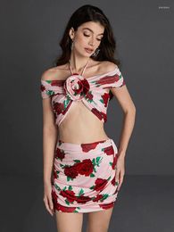 Two Piece Dress Fashion Summer Sexy Tight Off Shoulder 2-Piece Pleated Rose Print Short Top And Mini Skirt Set Evening Cocktail Party Club