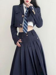 Two Piece Dress UNXX School Uniform Women Long Sleeve Blazer Coats Tie Shirt Pleated Skirt College Style Formal Clothes Three Set