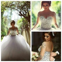 2019 Bling Bling Sheer Long Sleeves Beaded Crystal Wedding Dresses Customized Bridal Gowns Lace Up Back Formal Tulle Skirt Vestido316S