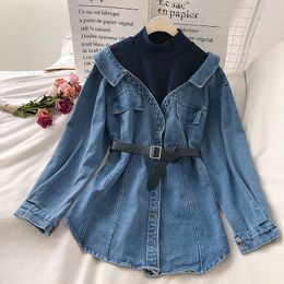 Casual Dresses Spring Fall Denim Blouse Tops With Belt Long Sleeve Patchwork Fake Two Piece Jeans Shirt Women Loose Tops Blusas Mujer 2023