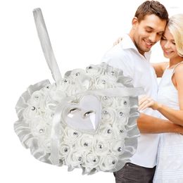 Gift Wrap Wedding Ring Pillow Heart Shaped Rose Bearer White Lace Crystal Box Holder For