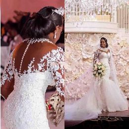 Vintage African Lace Mermaid Wedding Dress Crystals Beaded Appliques Tulle Long Sleeve Formal Bridal Gowns Buttons Sheer Back Long286K