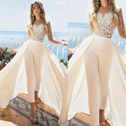 Unique Jumpsuit Wedding Dresses with Detachable Train Ankle Length Jewel Neck Appliques Outfit Bridal Dress Satin Overskirt robes 223A