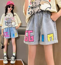 Shorts IENENS Girl Jeans Shorts Kids Denim Short Pants Big Pocket Pearl Baby Casual Shorts Bottoms Fit 4-13 Years Child Summer Clothes 230617