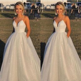 Beach Bohemian Simple Shiny Plus Size A Line Wedding Dress Bridal Gowns Spaghetti Straps V-Neck Sweep Train Country Style With Poc1847