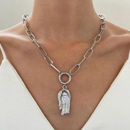 Chains 925 Silver Plated Chain Fatma Hand Necklace Buddhism Chunky Hamsa Pendant Long In Man Punk Jewellery Gift