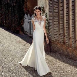 Modest Soft Satin Bateau Neckline Mermaid Wedding Dresses With Lace Appliques Sheer Bridal Dress Illusion Back295w