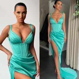 Sexy Mint Green Prom Dresses Straps Bone Bodice Party Evening Gowns Pleats Slit Semi Formal Red Carpet Long Special Occasion dress