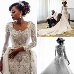 Luxury Dubai Arabic Mermaid Wedding Dresses with Long Train Long Sleeves Beads Pearls Bridal Gowns Wedding Dress vestido de novia2995