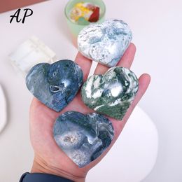 Decorative Objects Figurines 1PC Natural Stone Carved Crystal Moss Agate Heart Shape Carving Healing Stone Green Moss Agate Love Statuette Home Decoration 230617